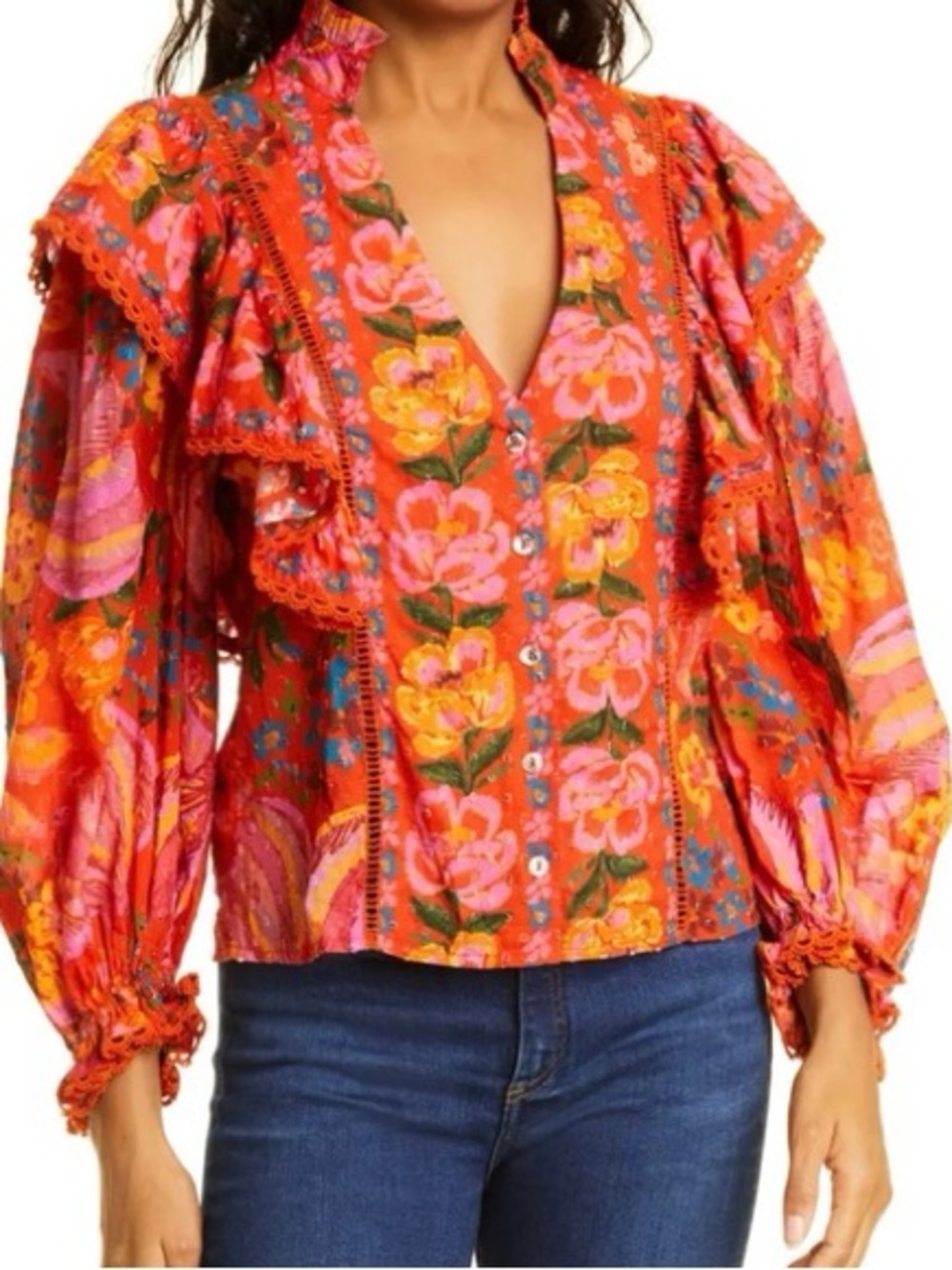 Farm Rio Banana ,Floral Ruffled V-Neck Blouse - Pink & Orange size small